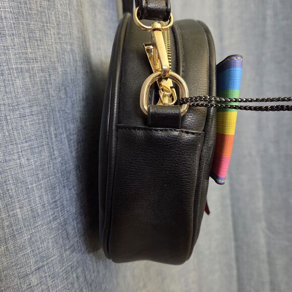 DIOPHY Round Crossbody Bag Black w/ Rainbow Stripe Bow Vegan Leather 9" - Picture 7 of 11